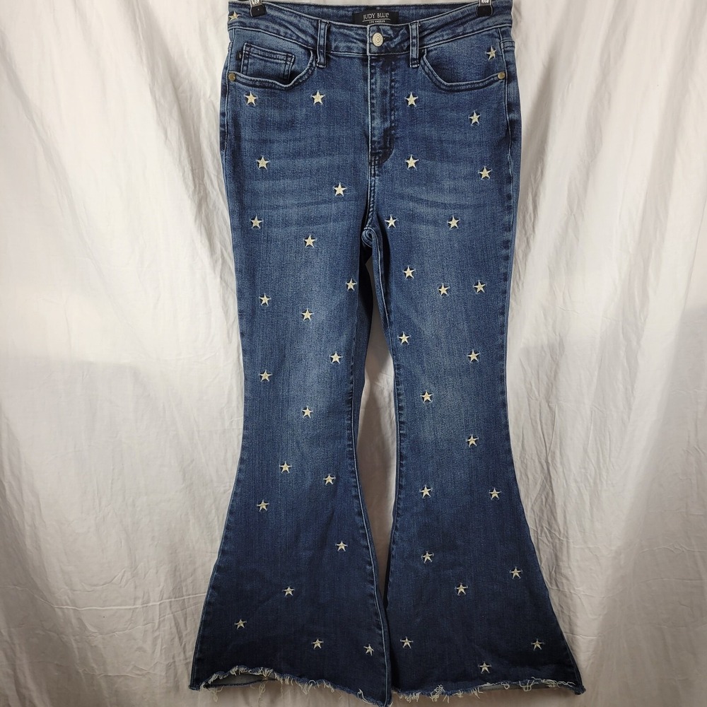 Judy Blue Womens Super Flare Fit Star July 4th High Rise Raw Hem Jeans Size 9/29